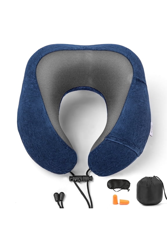 Travel Pillow with Adjustable Clasp, Removable Cover Neck Pillow for Sleeping Airplane, Memory Foam Neck Pillow Set with Eye Mask, Earplugs and Storage Bag, Dark Blue