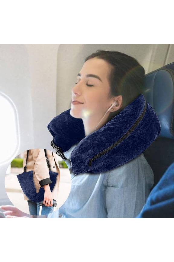 Travel Pillow, Czzoypi Adjustable Stuffable Neck Pillow, Velvet Multifunctional Travel Pillow with Storage Backpack for Airplane Car Train, Blue