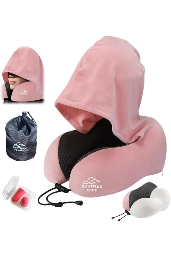 Travel Pillow with Extra Large Hood for Airplane Long Flights Privacy and Comfort Memory Foam with Velvet Cover for Road Trip Head&Neck Support for Plane Office Cars Sleeping & Rest (Pink)