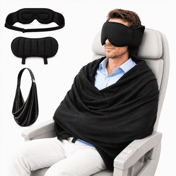 Travel Pillow with Eye Mask, 3-in-1 Airplane Sleep Support Set with Adjustable Head Support Strap and Wrap-Around Travel Blanket, Portable Travel Essentials for Flight, Car & Train