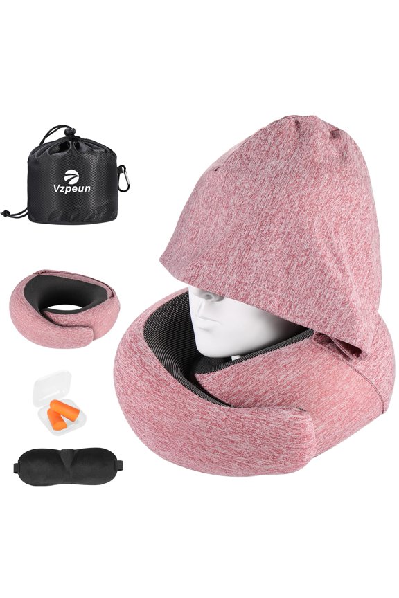 Travel Pillow - Hooded Neck Pillow Airplane Memory Foam Filling for Plane, Office, Cars Sleeping, Road Trip, Long Flights, Airplane Travel Essentials, Includes Eye Mask & Earplugs WWSOGQH