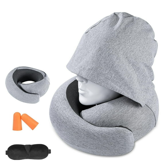 Travel Pillow - Hooded Neck Pillow Airplane, Memory Foam Pillow for Plane, Office, Cars Sleeping, Long Flight Must Haves, Road Trip Essentials Accessories for Adults (Light Gray)