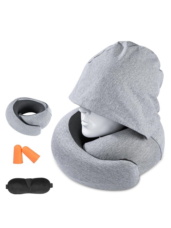 Travel Pillow - Hooded Neck Pillow Airplane, Memory Foam Pillow for Plane, Office, Cars Sleeping, Long Flight Must Haves, Road Trip Essentials Accessories for Adults (Light Gray)