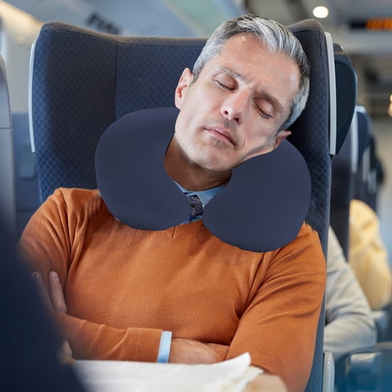 Travel Pillow, Inflatable Neck Support Pillow, PVC C-Shaped 360° Surround Support Pillow for Airplane Car Office Nap, Navy