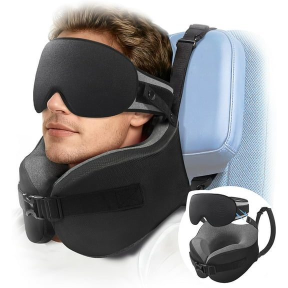 Travel Pillow for Long Flight Airplanes, Head Strap Combo with 3D Contoured Eye Mask for Sleep, Neck Pillow for Car Trip Essential, 360 Support Memory Foam Headrest, Prevent Head Bobbing, Black