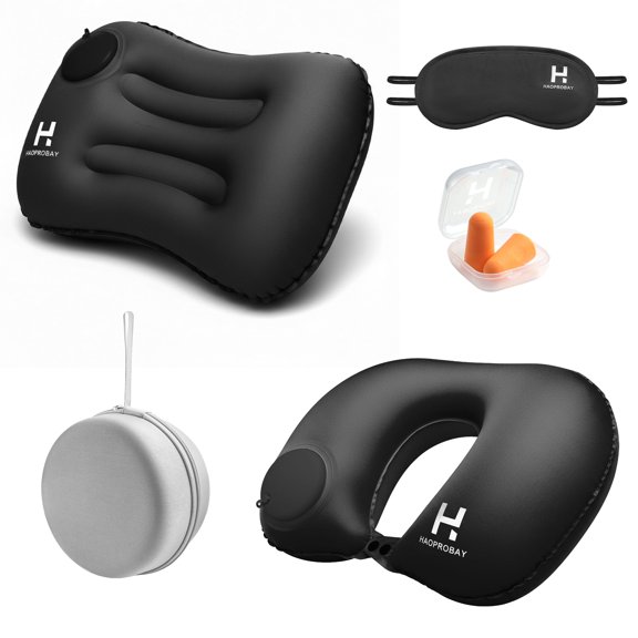 Travel Pillow and Lumbar Support Pillow Set 4 in 1 - Neck Pillow, lumbar Pillow, Eye Mask & Earplugs - Press-to-Inflate Design, 360 Breathable Support for Airplane, Car Travel, Office Nap (Black)