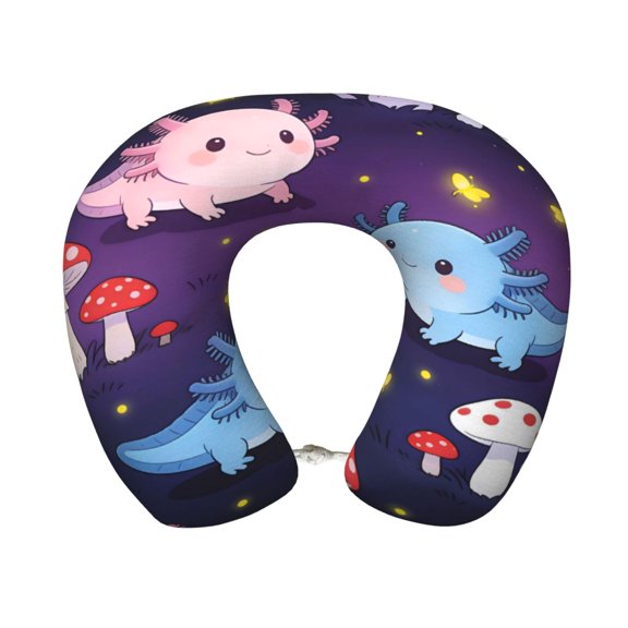 Travel Pillow Memory Foam, Head Neck Support Airplane Pillow For Traveling, Car, Home, Travel Neck Flight Pillow 12 Inches Axolotl And Mushrooms