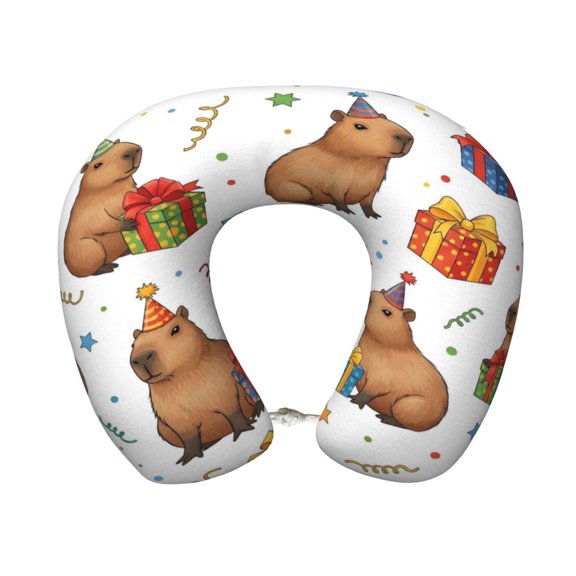 Travel Pillow Memory Foam, Head Neck Support Airplane Pillow For Traveling, Car, Home, Travel Neck Flight Pillow 12 Inches Capybara Party Pattern 2