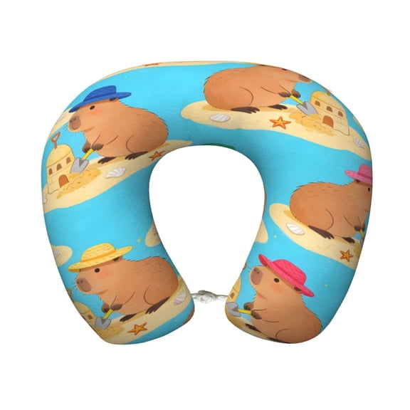Travel Pillow Memory Foam, Head Neck Support Airplane Pillow For Traveling, Car, Home, Travel Neck Flight Pillow 12 Inches Capybaras Build Sand Forts