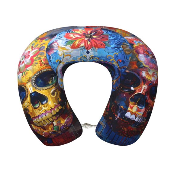 Travel Pillow Memory Foam, Head Neck Support Airplane Pillow For Traveling, Car, Home, Travel Neck Flight Pillow 12 Inches Festive Sugar Skulls (2)