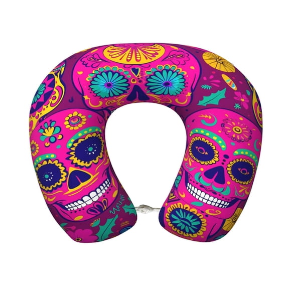 Travel Pillow Memory Foam, Head Neck Support Airplane Pillow For Traveling, Car, Home, Travel Neck Flight Pillow 12 Inches Festive Sugar Skulls (8)