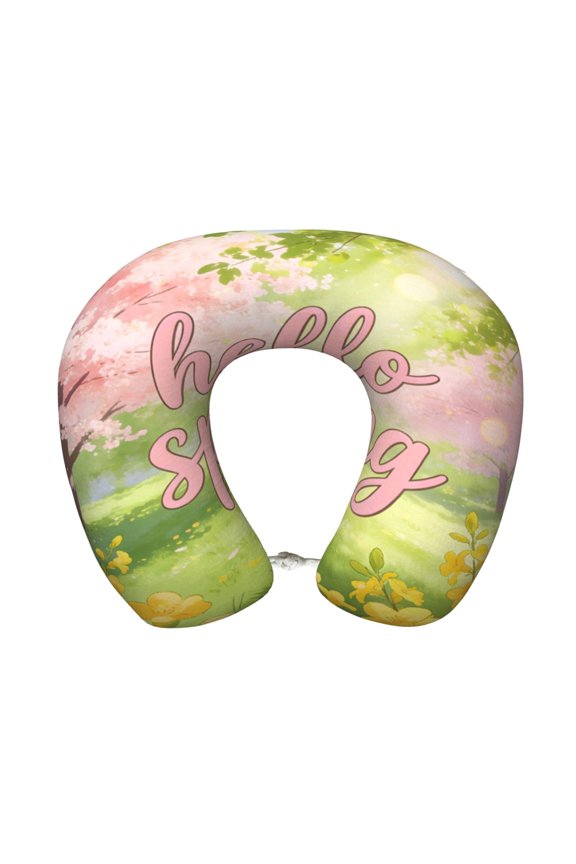 Travel Pillow Memory Foam, Head Neck Support Airplane Pillow For Traveling, Car, Home, Travel Neck Flight Pillow 12 Inches Hello Spring Theme (1)