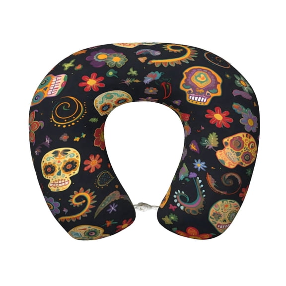 Travel Pillow Memory Foam, Head Neck Support Airplane Pillow For Traveling, Car, Home, Travel Neck Flight Pillow 12 Inches Retro Skull Head Flower