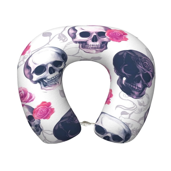 Travel Pillow Memory Foam, Head Neck Support Airplane Pillow For Traveling, Car, Home, Travel Neck Flight Pillow 12 Inches Skulls And Roses