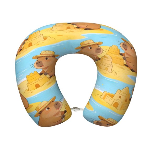Travel Pillow Memory Foam, Head Neck Support Airplane Pillow For Traveling, Car, Home, Travel Neck Flight Pillow 12 Inches Capybaras Playing In The Sand