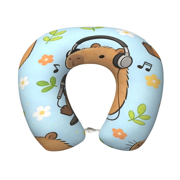 Travel Pillow Memory Foam, Head Neck Support Airplane Pillow For Traveling, Car, Home, Travel Neck Flight Pillow 12 Inches Capybaras Sing Along To Music