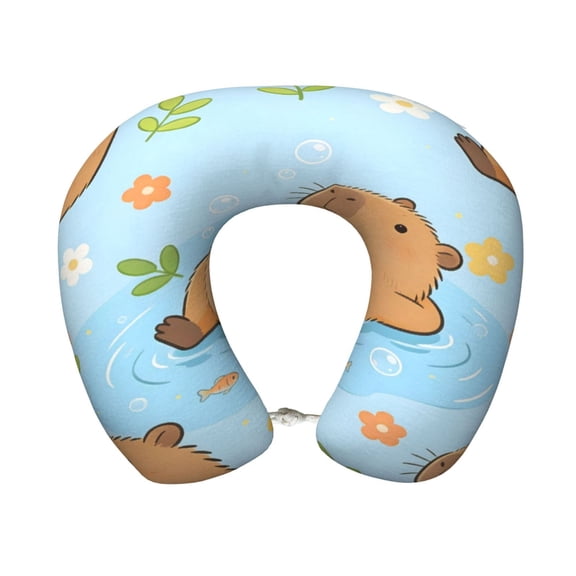 Travel Pillow Memory Foam, Head Neck Support Airplane Pillow For Traveling, Car, Home, Travel Neck Flight Pillow 12 Inches Cute Capybara Flower On Blue Background
