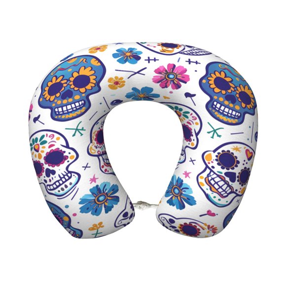 Travel Pillow Memory Foam, Head Neck Support Airplane Pillow For Traveling, Car, Home, Travel Neck Flight Pillow 12 Inches Festive Cute Sugar Skulls (4)