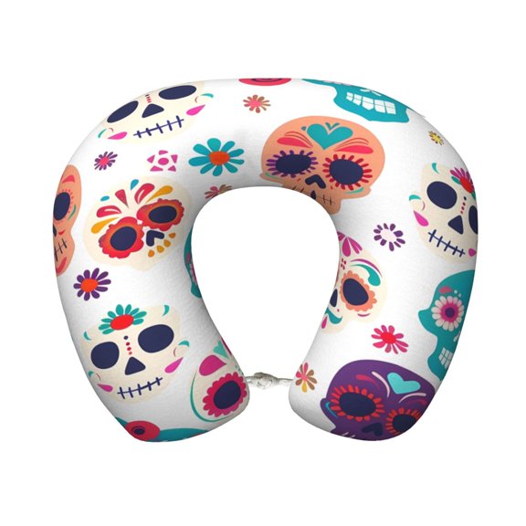 Travel Pillow Memory Foam, Head Neck Support Airplane Pillow For Traveling, Car, Home, Travel Neck Flight Pillow 12 Inches Festive Cute Sugar Skulls (5)