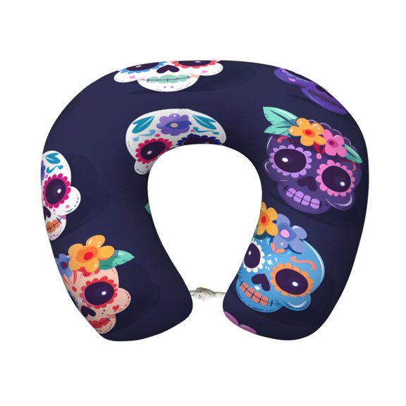 Travel Pillow Memory Foam, Head Neck Support Airplane Pillow For Traveling, Car, Home, Travel Neck Flight Pillow 12 Inches Festive Cute Sugar Skulls (7)