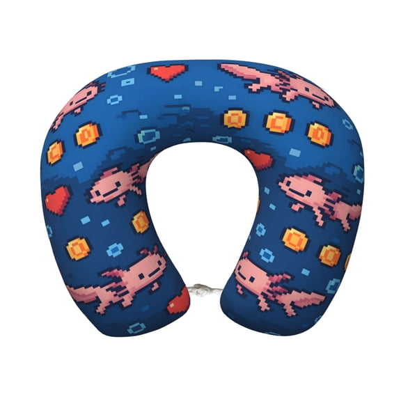Travel Pillow Memory Foam, Head Neck Support Airplane Pillow For Traveling, Car, Home, Travel Neck Flight Pillow 12 Inches Retro Pixel Axolotls - 8-Bit Nostalgia