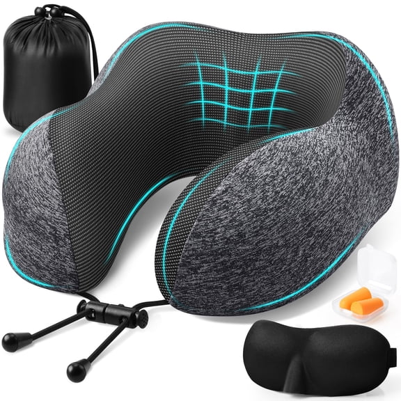 Travel Pillow Memory Foam, Neck Pillow for Airplane Sleeping, Removable Cover with Adjustable Clasp, Set with Eye Mask, Earplugs, Storage Bag, Dark Grey