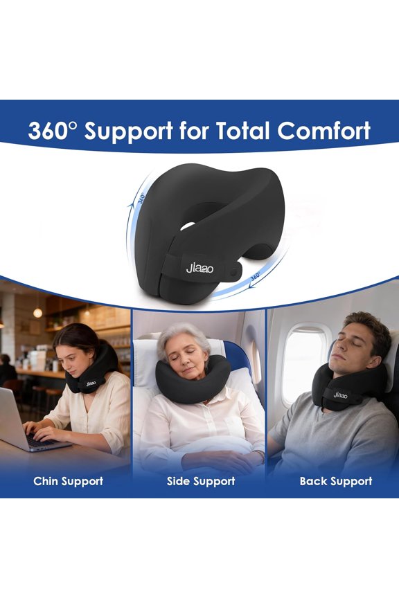 Travel Pillow Memory Foam Neck Pillow for Airplanes with Adjustable Neck Support, Includes Eye Mask, Earplugs & Storage Bag - Perfect for Flights, Road Trips, and Trains