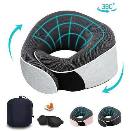 Travel Pillow, Memory Foam Travel Neck Pillow, Adjustable 360° Ergonomic Support Function for Travel with Pillow, Mask, Earplugs, Storage Bag