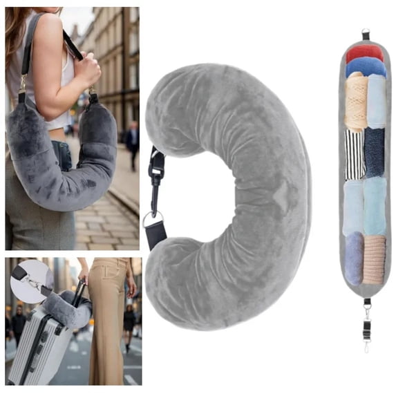 Travel Pillow, Self-Filling Portable Neck Pillow, U-Shaped Stuffable Travel Headrest with Storage Bag Machine Washable Adjustable Strap, Gray