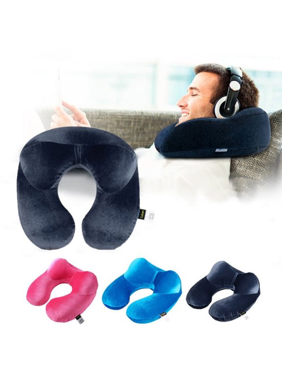 Travel Pillow Soft Velvet Inflatable Neck Support Pillows for Airplanes Washable Cover with Portable Carrying Bag