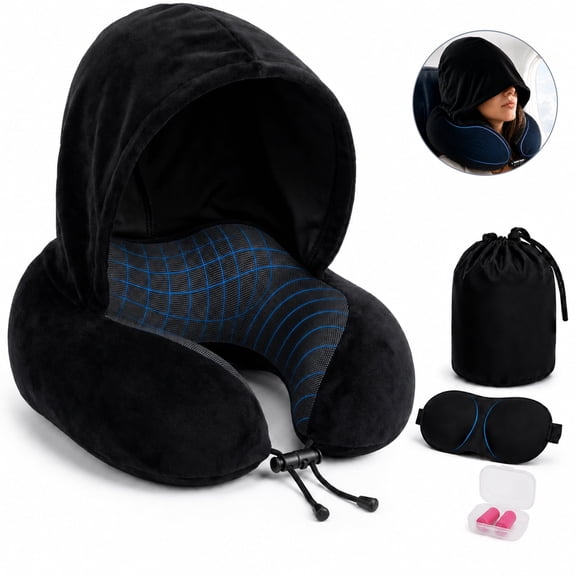 Travel Pillow with Extra Large Hood, Memory Foam Neck Support Pillow, Includes Eye Mask & Earplugs