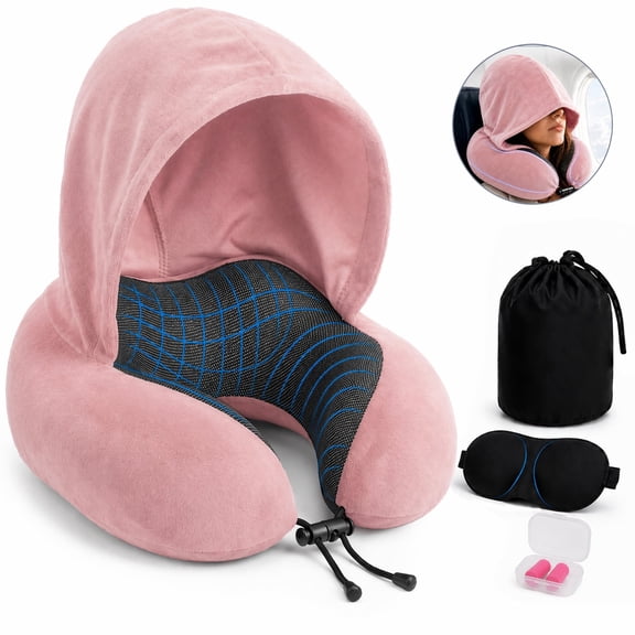 Travel Pillow with Extra Large Hood, Memory Foam Neck Support Pillow, Includes Eye Mask & Earplugs