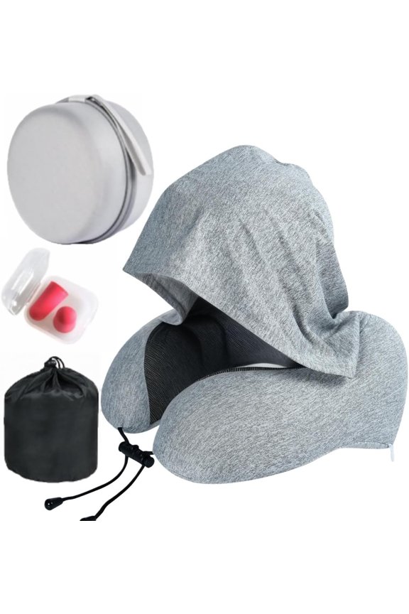 Travel  Pillow with  Hood Rollable Airplant Hooded  Pillow with Memory  Filling and Removable, -Friendly Cover with a Carrying Pouch
