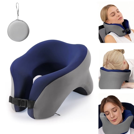 Travel Pillows for Airplanes - Adjustable Memory Foam Neck Pillow For Traveling With Removable Ice Silk Cover, Ergonomic Flight Pillow With EVA Bag For Airplane, Car, Train, Or Bus Trip, Darkblue