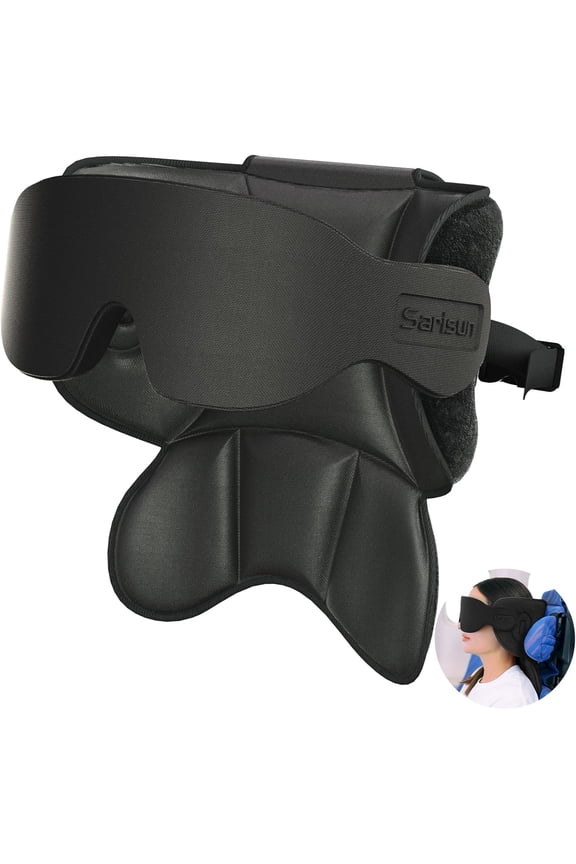 Travel Pillows for Airplanes, Airplane Pillow with 3D Sleep Eye Mask, 360 Neck Support, Stop Bobblehead Plane Travel Essentials, Adjustable Airplane Head Strap for Budget Airlines, Black