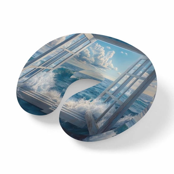 Travel Pillows U Shape Memory Foam Beach Waves Plane Neck Pillows Head Support Comfort Portable Blue Sky Cloud Window Headrest Neck Pillow for Airplane Car Office Home Chair Sleeping Napping Rest