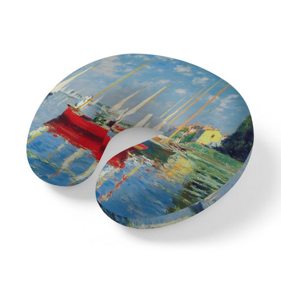 Travel Pillows U Shape Memory Foam Blue Cloud Sky Plane Neck Pillows Head Support Comfort Portable Red Boat Coastal Oil Painting Headrest Neck Pillow for Airplane Car Office Home Chair Sleeping Rest