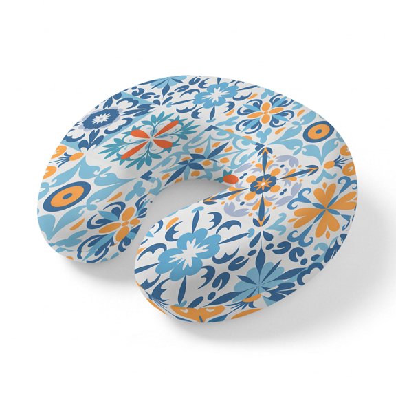 Travel Pillows U Shape Memory Foam Floral Geometric Plane Neck Pillows Head Support Comfort Vintage Blue Flower Ceramic Brick Headrest Neck Pillow for Airplane Car Office Home Chair Sleeping