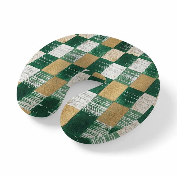 Travel Pillows U Shape Memory Foam Green Gold Squares Block Plane Neck Pillows Head Support Comfort Portable Geometric Checkerboard Headrest Neck Pillow for Airplane Car Office Home Chair Sleeping