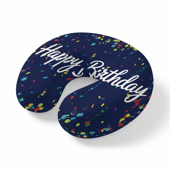 Travel Pillows U Shape Memory Foam Happy Birthday Plane Neck Pillows Head Support Comfort Polka Dot Ribbon Celebration Navy Blue Headrest Neck Pillow for Airplane Car Office Home Chair Sleeping