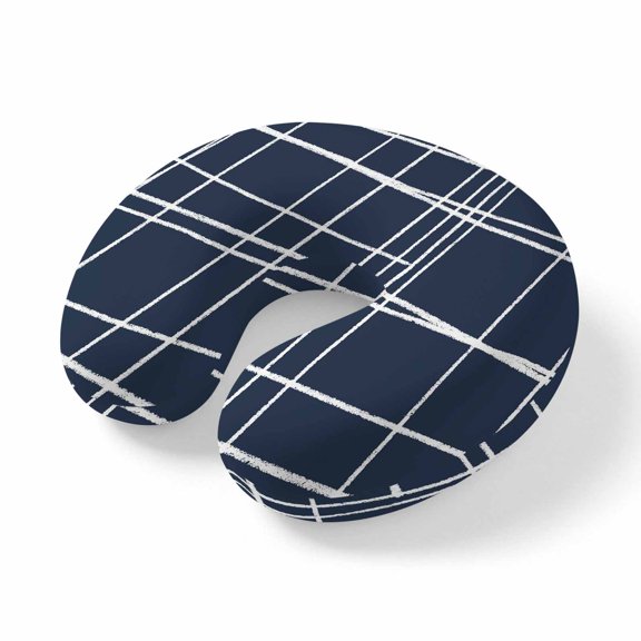 Travel Pillows U Shape Memory Foam Navy Blue Checked Plaid Plane Neck Pillows Head Support Comfort Portable Minimalist Grid Lines Headrest Neck Pillow for Airplane Car Office Home Chair Sleeping