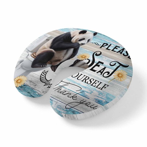 Travel Pillows U Shape Memory Foam Panda Sitting on The Toilet Plane Neck Pillows Head Support Comfort Funny Animal Daisy Teal Wood Headrest Neck Pillow for Airplane Car Office Home Chair Sleeping