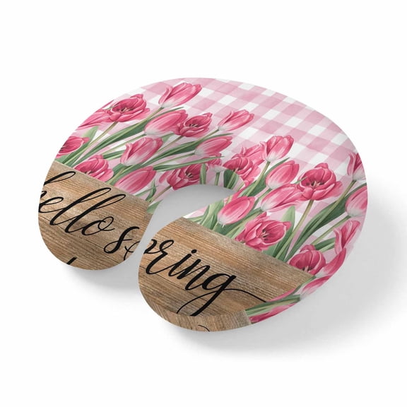 Travel Pillows U Shape Memory Foam Pink Tulip Flower Plane Neck Pillows Head Support Comfort Hello Spring Floral Buffalo Plaid Headrest Neck Pillow for Airplane Car Office Home Chair Sleeping