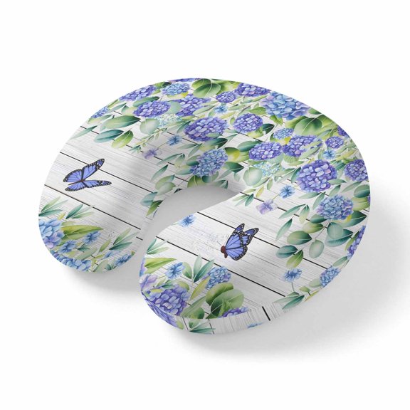 Travel Pillows U Shape Memory Foam Purple Hydrangea Plane Neck Pillows Head Support Comfort Portable Butterfly Eucalyptus Leaves Wood Headrest Neck Pillow for Airplane Car Office Home Chair Sleeping
