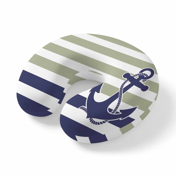 Travel Pillows U Shape Memory Foam Sage Green Stripes Plane Neck Pillows Head Support Comfort Portable Navy Blue Nautical Anchor Headrest Neck Pillow for Airplane Car Office Home Chair Sleeping Rest