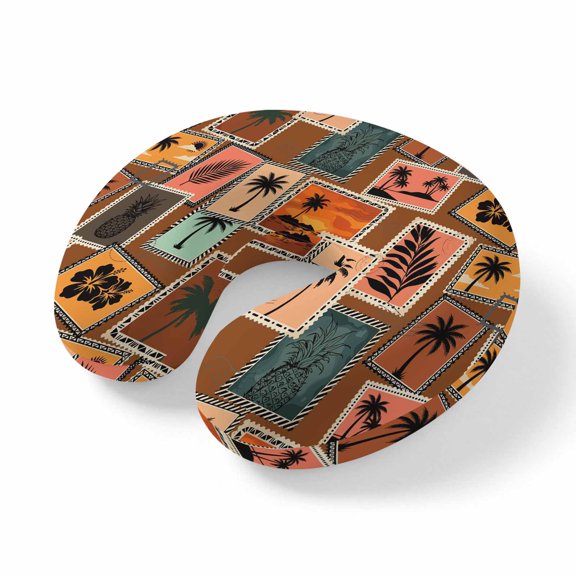 Travel Pillows U Shape Memory Foam Summer Beach Palm Tree Plane Neck Pillows Head Support Comfort Tropical Sunset Island Stamp Headrest Neck Pillow for Airplane Car Office Home Chair Sleeping