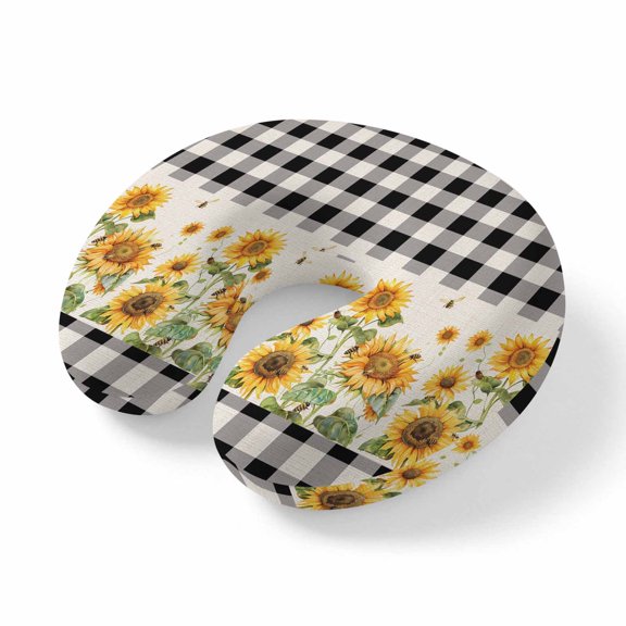 Travel Pillows U Shape Memory Foam Sunflower Bee Plane Neck Pillows Head Support Comfort Portable Black Buffalo Plaid Check Linen Headrest Neck Pillow for Airplane Car Office Home Chair Sleeping