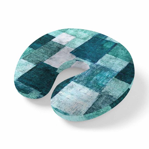 Travel Pillows U Shape Memory Foam Turquoise Blocks Plane Neck Pillows Head Support Comfort Portable Modern Abstract Patchwork Headrest Neck Pillow for Airplane Car Office Home Chair Sleeping Rest