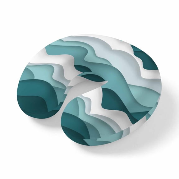 Travel Pillows U Shape Memory Foam Turquoise White Ombre Sea Wave Plane Neck Pillows Head Support Comfort Portable Abstract Geometric Headrest Neck Pillow for Airplane Car Office Home Chair Sleeping