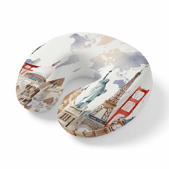 Travel Pillows U Shape Memory Foam World Map Plane Neck Pillows Head Support Comfort Portable Famous Building Tourism Landscape Headrest Neck Pillow for Airplane Car Office Home Chair Sleeping Rest
